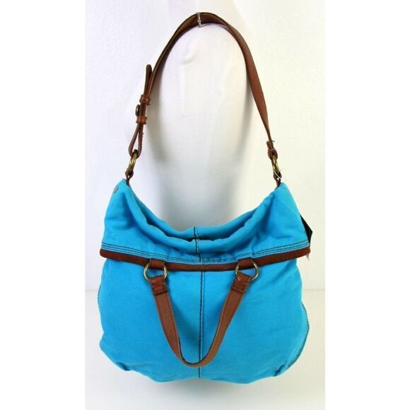 LUCKY BRAND BANDIT FOLDOVER BLUE COTTON BROWN LEATHER TOTE SHOULDER BAG HANDBAG - Picture 2 of 12
